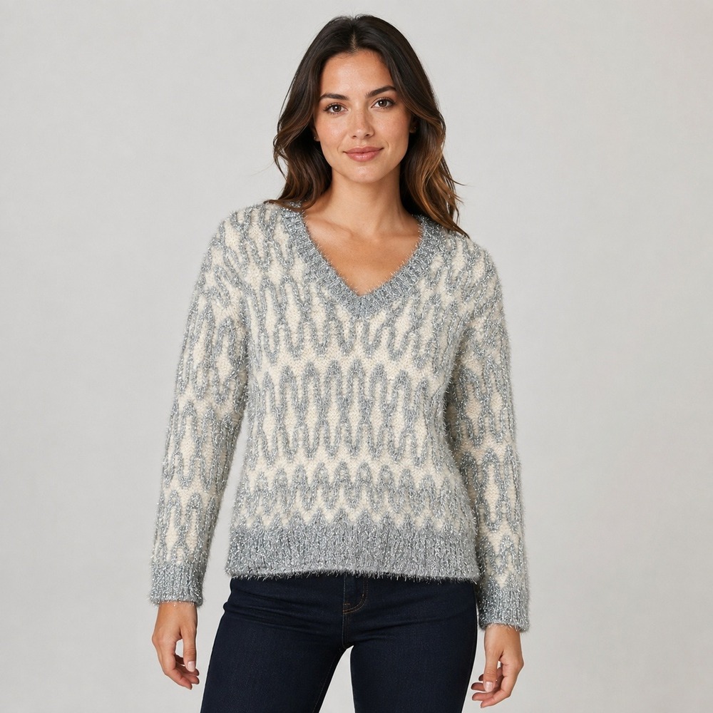 LOFT Women's S Silver Ivory Metallic Eyelash Knit Holiday V-Neck Sweater